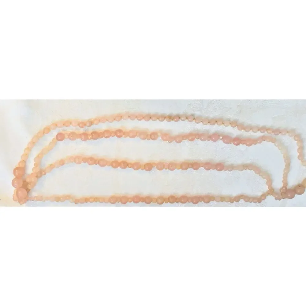 Vintage Natural Rose Quartz Beaded Strand Necklace Long Endless Opera Flapper